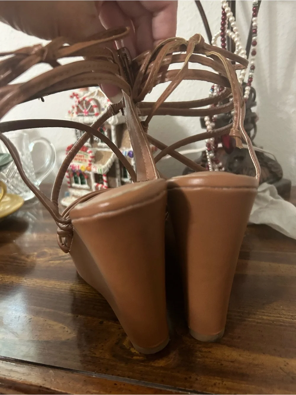 Forever 21 Tan Faux Leather Strappy Platform Wedge Sandals, Size 7.5